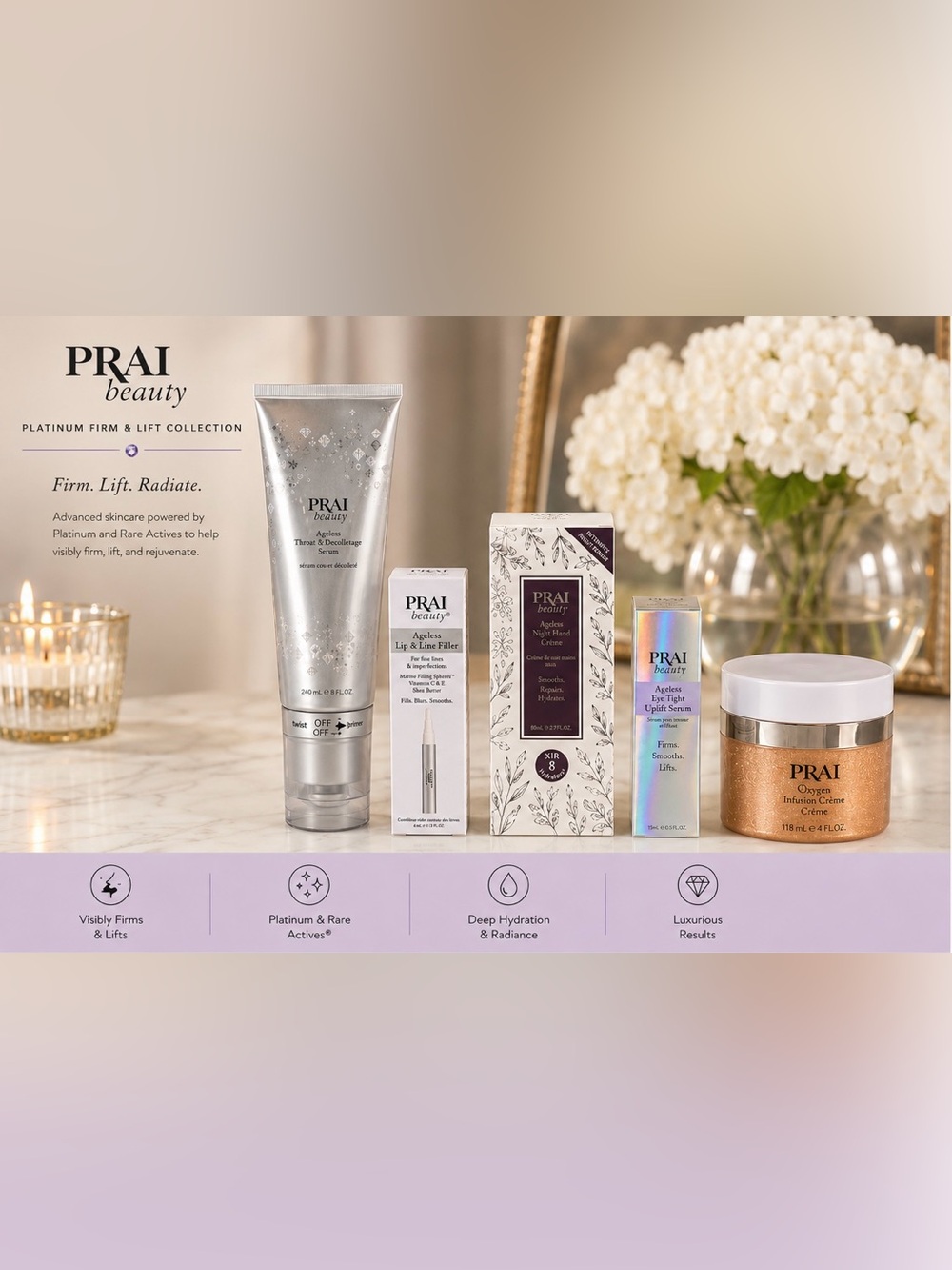 PRAI Beauty Ageless 5-Piece Bundle | Throat Serum, Eye Lift, Lip Filler & more!